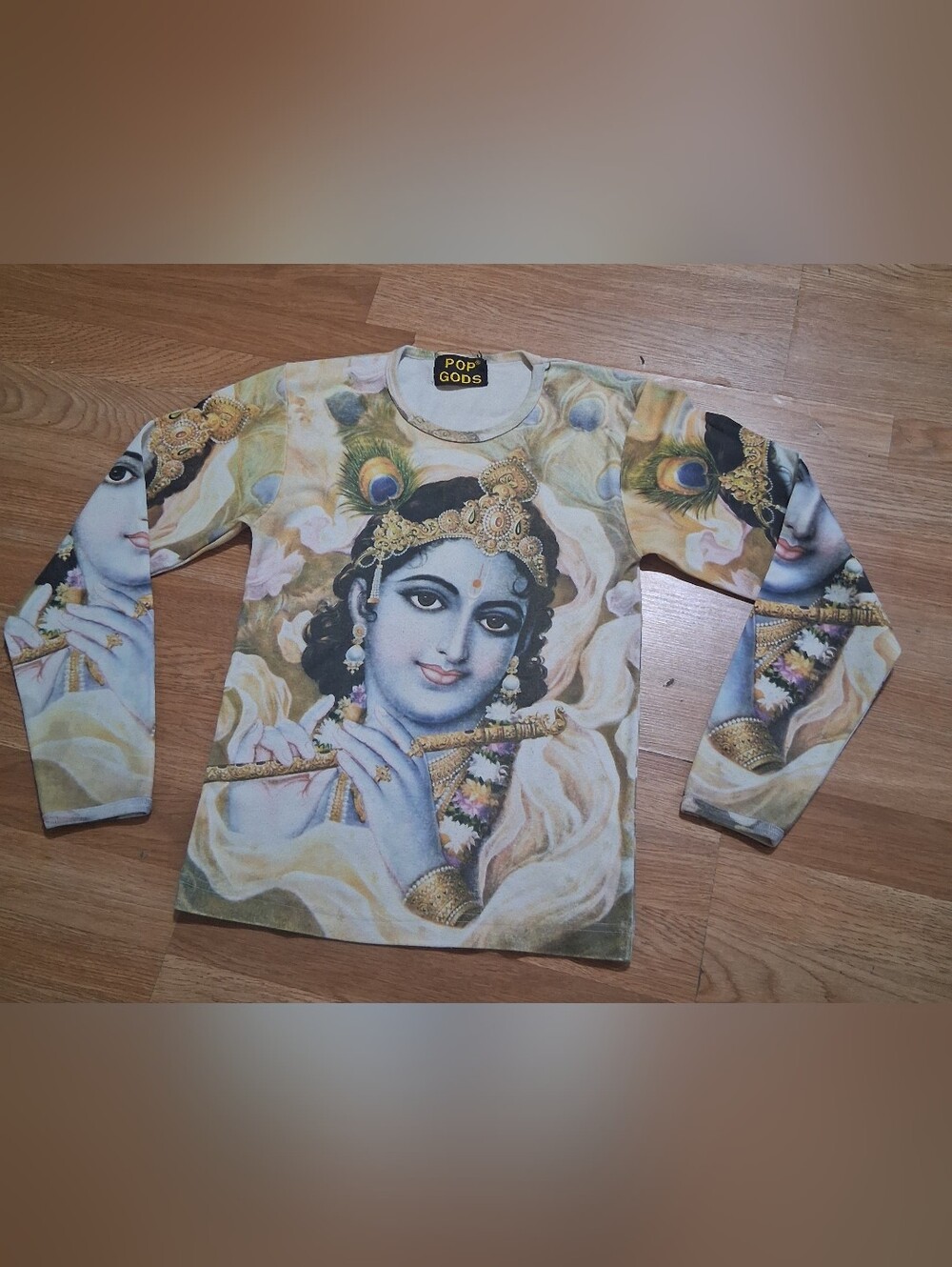 POP GODS Krishna Graphic Long Sleeve Top - Blue & Gold Vintage Hindu Shirt
